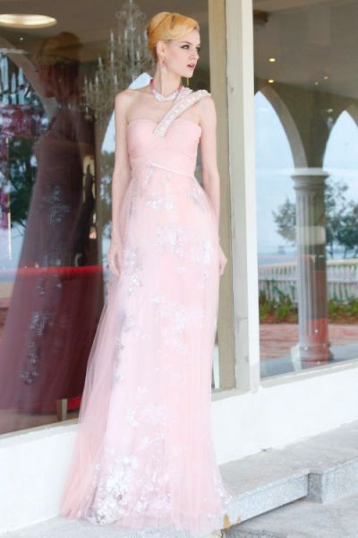 Vestido Rosa Ombro Só Alças com Aplicações Ref. 80863